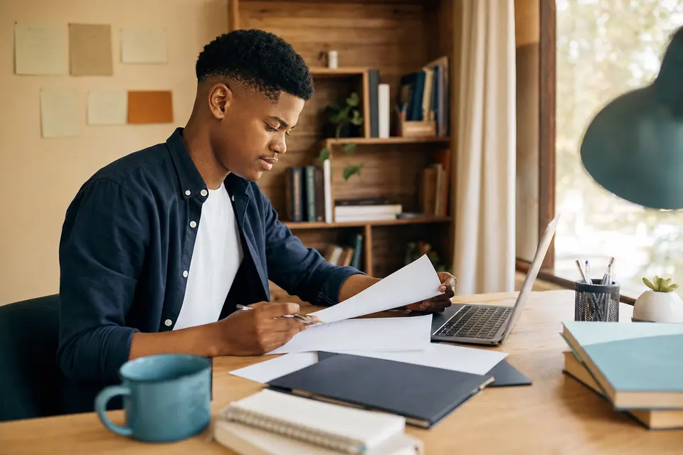 A young South African graduate preparing job application documents beside a laptop
