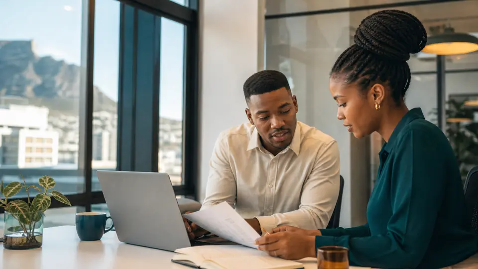 Young South African business professionals reviewing documents together
