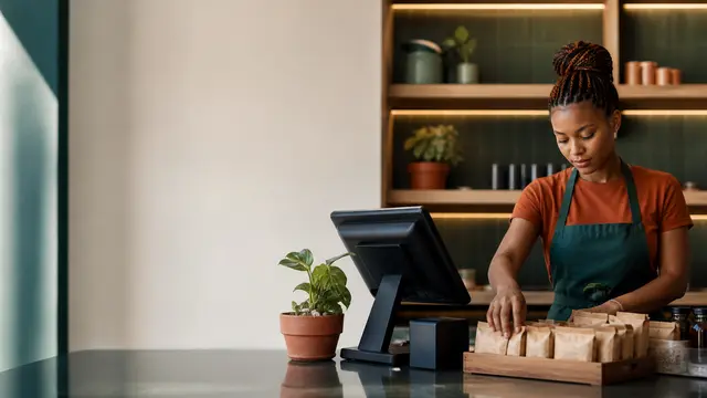 Young South African retail professional preparing a customer counter
