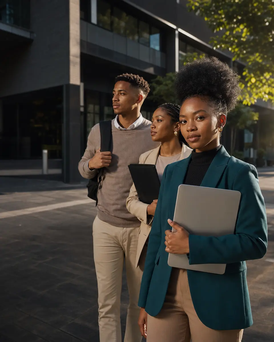 Three young South African career starters carrying a laptop and work portfolios