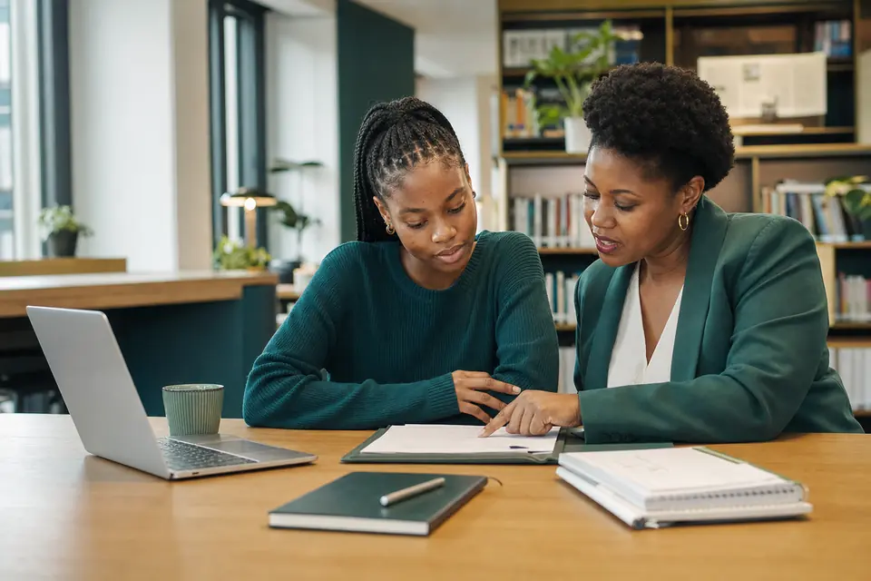 A South African graduate reviewing application documents with a career adviser